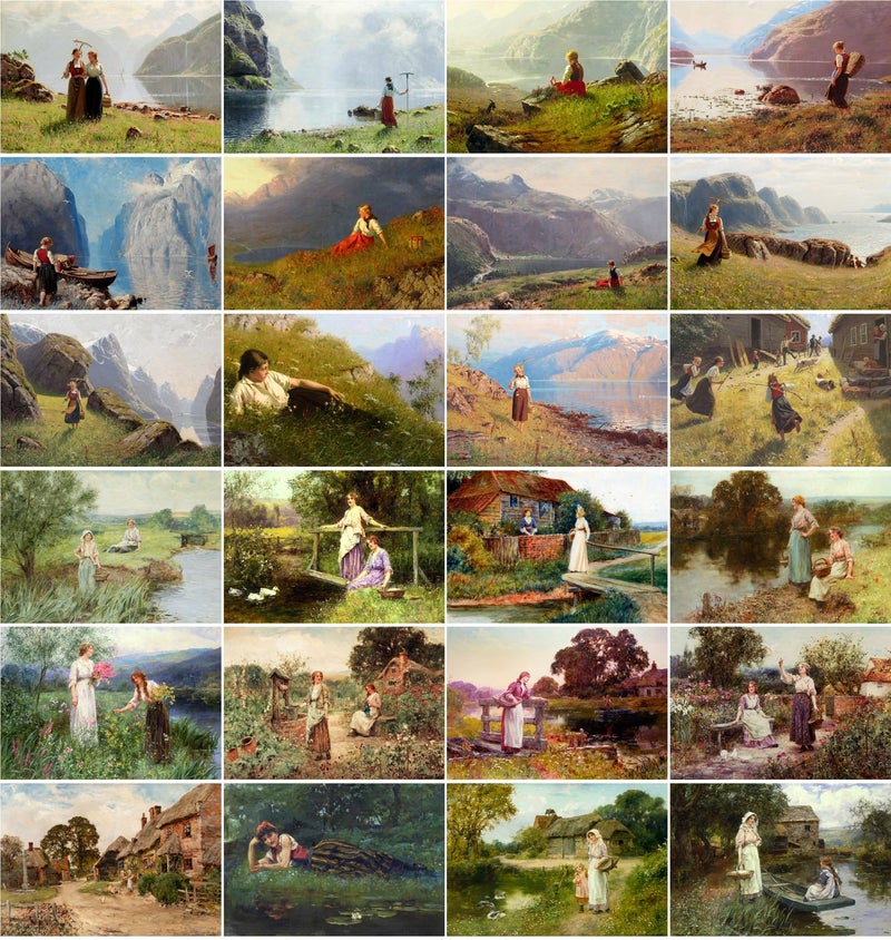 PIXILUV Vintage PostCards 24 pcs Country Girl Rural Landscapes Vintage Painting - Image 2